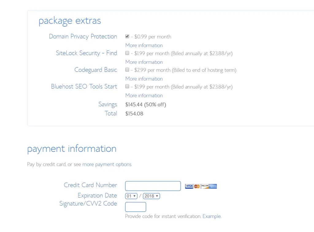 Bluehost extras options