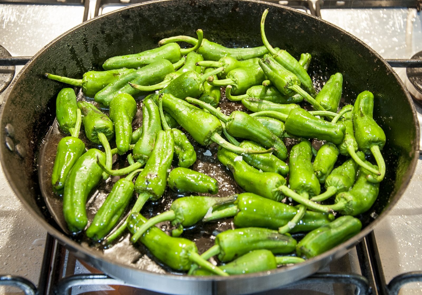 How to cook Pimiento Padron Peppers. The best and only Padron Pepper recipe you will need. 3 ingredients only and 5 minutes of cooking. So simple & so Yum! I just love this vegetarian and vegan recipe!! | https://theyumyumclub.com
