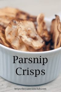 Parsnip crisps. A simple recipe for a healthy vegetarian alternative to doritos. We ❤ this recipe and always have stash of these healthy nibbles to hand. Yum! https://theyumyumclub.com