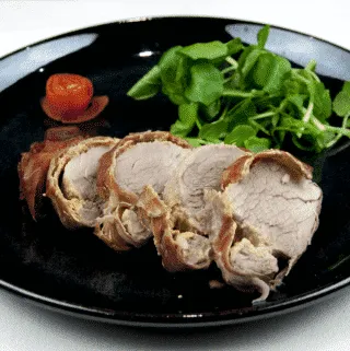 Roasted Pork fillet smothered in Dijon mustard and coated in prosciutto. Tender and juicy pork fillet. This is a wonderfully tasty pork dish. Very easy to make with only 3 ingredients and ready in 30 minutes. Low fat and healthy pork. Yum! | theyumyumclub.com
