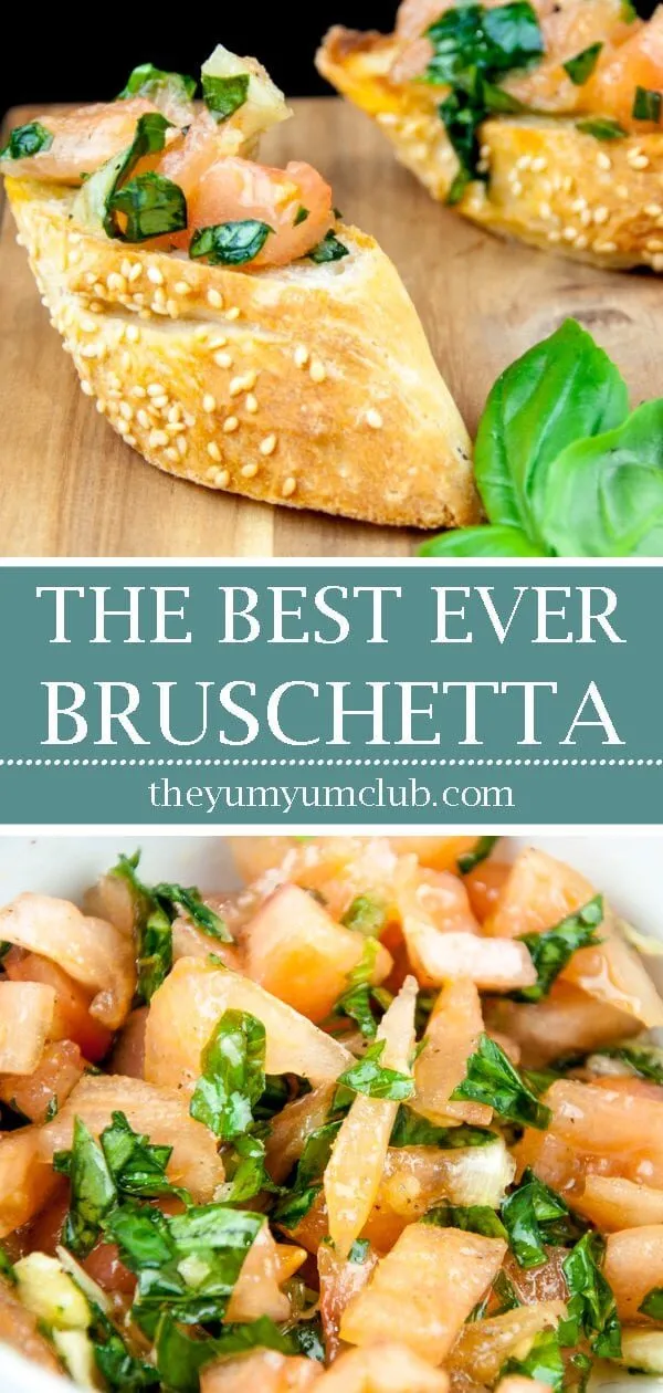 Enjoy the taste of Italy in this homemade bruschetta. Wonderful garlic, tomato concasse, basil, and extra virgin olive oil. Make the bread too if you like! | theyumyumclub.com