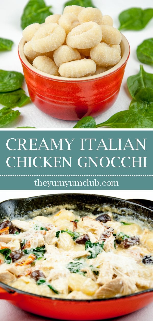 This creamy chicken gnocchi recipe brings the taste of Italy right to your own kitchen. Black olives. Sun-dried tomatoes. Baby spinach. Sounds good right? Yum! | theyumyumclub.com