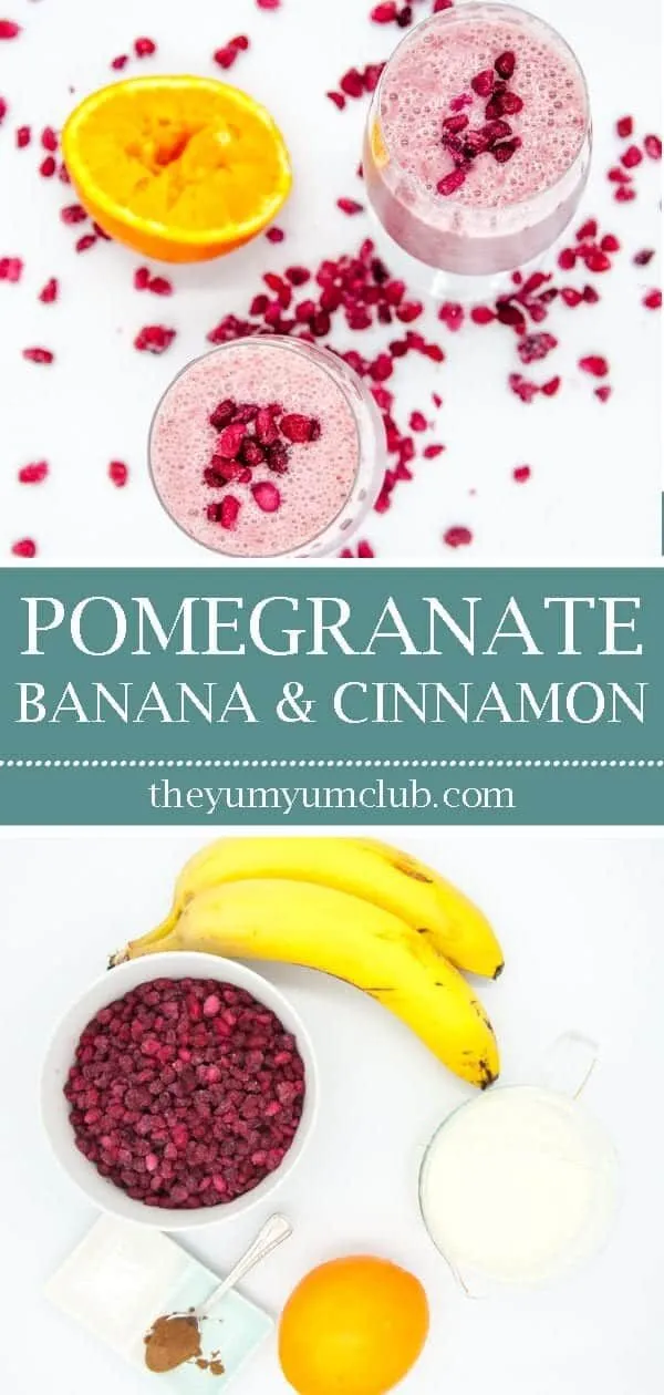 Pomegranate and banana smoothie. A super smoothie recipe made with almond milk, orange juice, and just a touch of cinnamon. A great start to the day. Yum!! | theyumyumclub.com