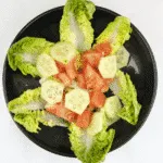 This is a fantastic smoked salmon and feta salad. The feta and the smokiness od the salmon really work. A touch of Greece in your own home Yum!