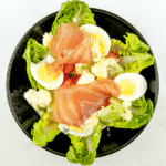 This is a fantastic smoked salmon and feta salad. The feta and the smokiness od the salmon really work. A touch of Greece in your own home Yum!