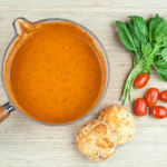 Traditional and classic tomato and basil soup. What a recipe! Tasty, creamy and at only 169 calories per serving, very healthy too!! If you miss out the scones... ???? Yum! | theyumyumclub.com