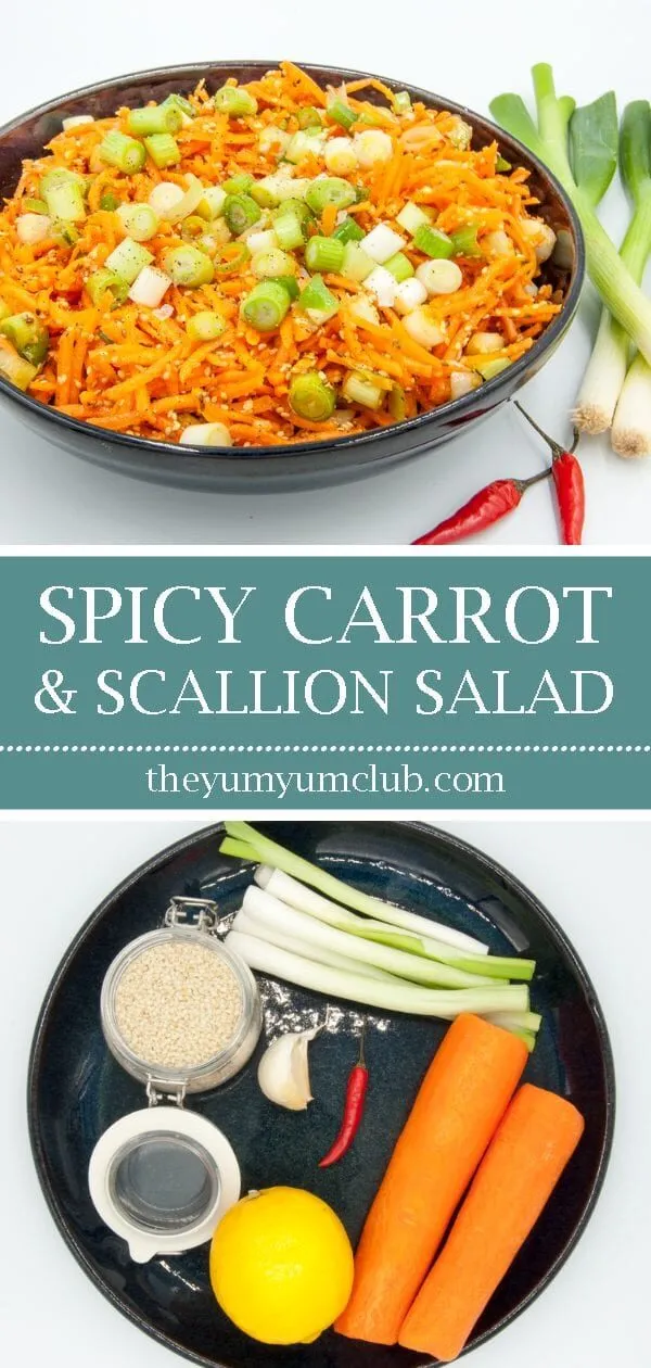 This spicy carrot, sesame and scallion salad is so simple and so healthy. 3 ingredients for the salad, 4 ingredeints for the spicy dressing, and just over 200 calories per bowl. Yum! | theyumyumclub.com