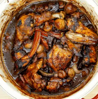 Classic coq au vin. It doesn't get much more French than this. Simple to make. Just click and follow this step by step guide and you'll be walking down the Champs Elysees in time for dinner. Yum! | https://theyumyumclub.com/2019/02/02/coq-au-vin/