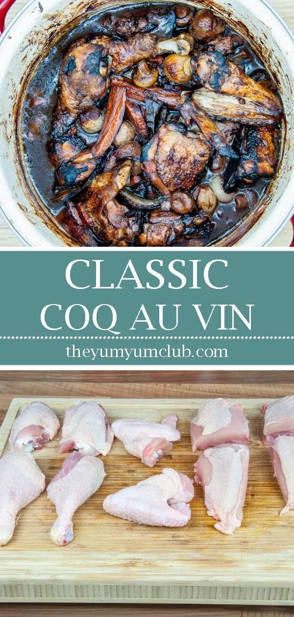 Classic coq au vin. A wonderfully rustic French casserole of chicken in red wine. Simple to make and very tasty. A great recipe for all of the family. Yum! | theyumyumclub.com