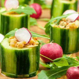 Cucumber potted shrimp. Serve as a delicious appetizer for your dinner party or as a simple nibble as your guests arrive. Shrimp, garlic and chilli all served in fresh cucumber. Yum! | theyumyumclub.com