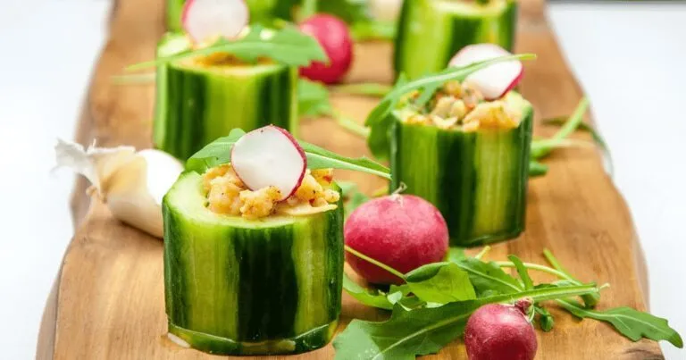 Cucumber potted shrimp. Serve as a delicious appetizer for your dinner party or as a simple nibble as your guests arrive. Shrimp, garlic and chilli all served in fresh cucumber. Yum! | theyumyumclub.com