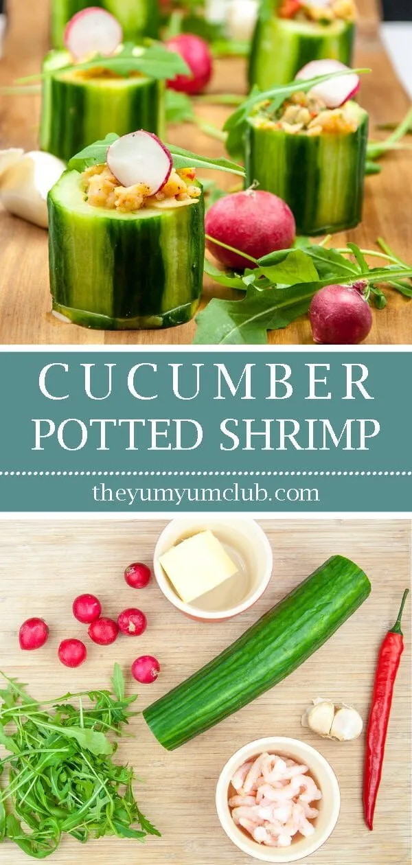 Cucumber potted shrimp. Serve as a delicious appetizer for your dinner party or as a simple nibble as your guests arrive. Shrimp, garlic and chilli all served in fresh cucumber. Yum! | theyumyumclub.com