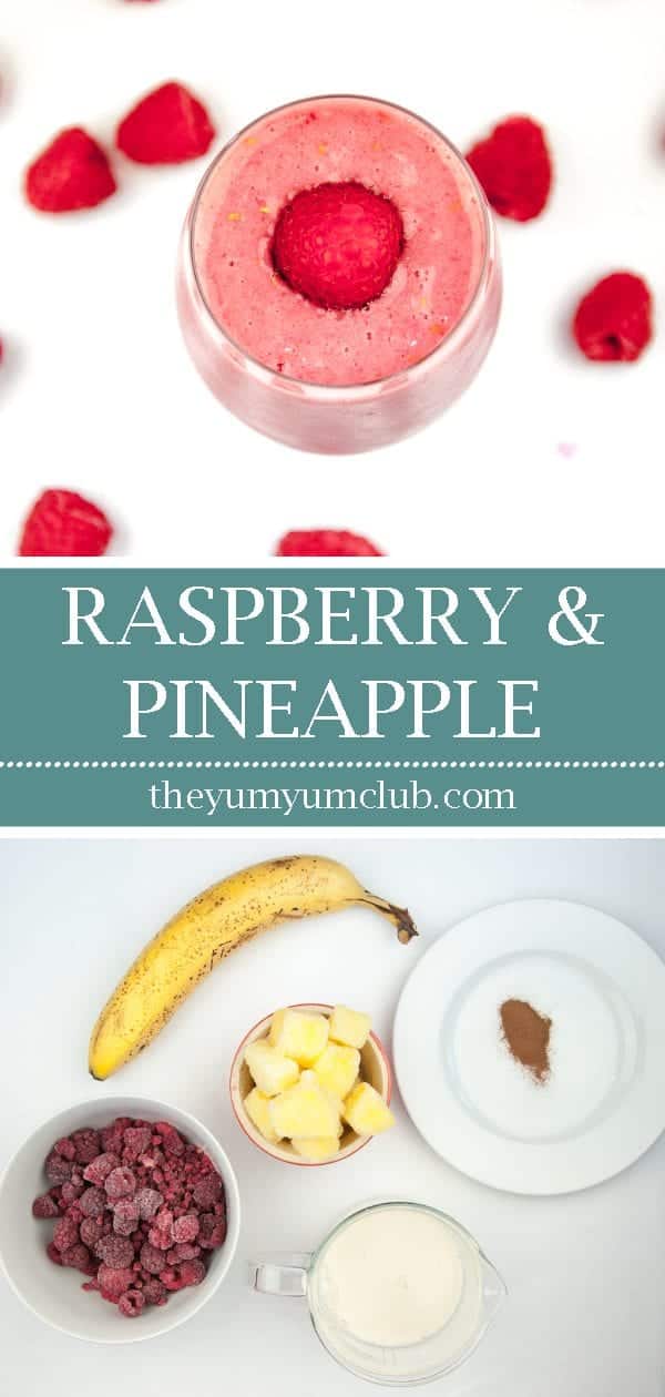 Raspberry and pineapple smoothie, with a little surprise! Banana to add texture and a wonderful hint of cinnamon to taste. A great start to the day. Yum! | theyumyumclub.com