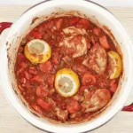 Sweet pepper & lemon chicken cacciatore. An Italian take on a French classic. Chicken thighs cooked in traditional tomato and herb sauce. Yum! | theyumyumclub.com