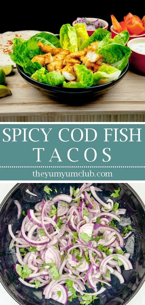 Spicy codfish tacos. How tasty do these sound? Fresh cod fish smothered in cumin and paprika wrapped in a tortilla with red onion, lime and coriander. Yum! | theyumyumclub.com