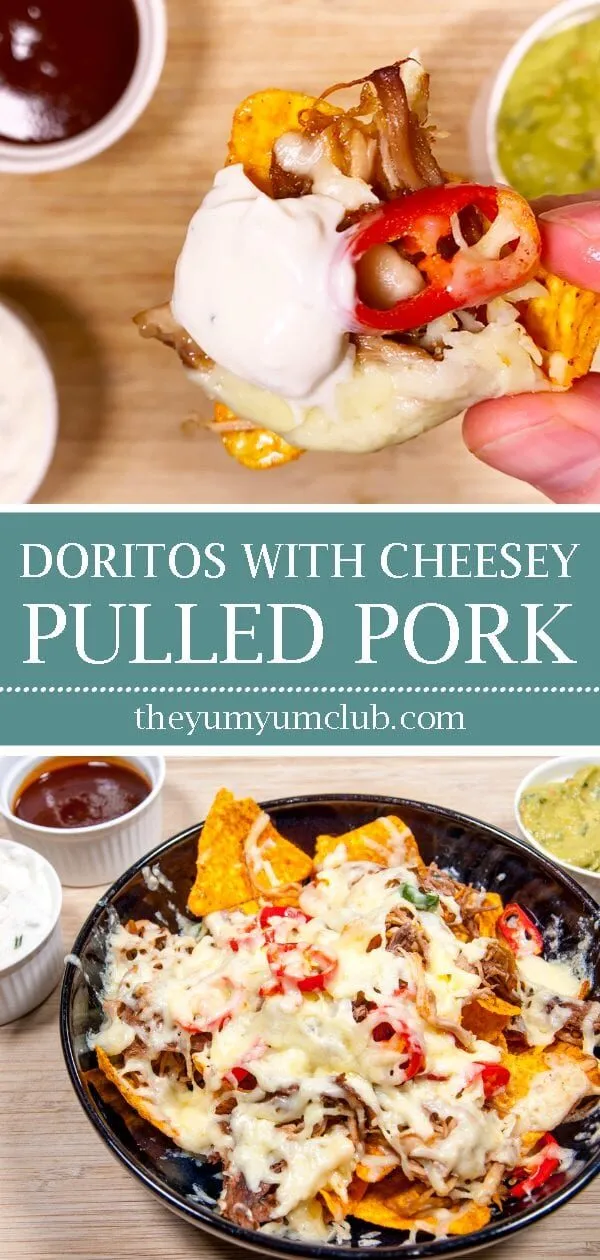 We all know pulled pork nachos but how about tangy pulled pork shoulder Doritos! Tangy cheese Doritos covered in spicy slow-cooked pork shoulder drowned in melted cheddar cheese. Yum! | theyumyumclub.com