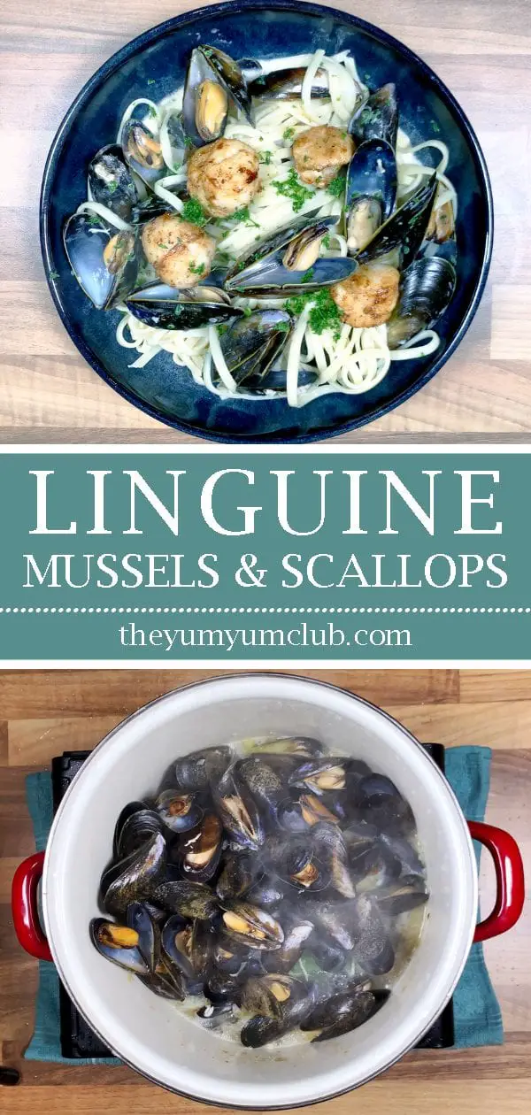 Linguine with mussels, scallops and garlic in white wine and cream is a classic Italian recipe. Serve with fresh crusty bread for dipping. Yum! | theyumyumclub.com