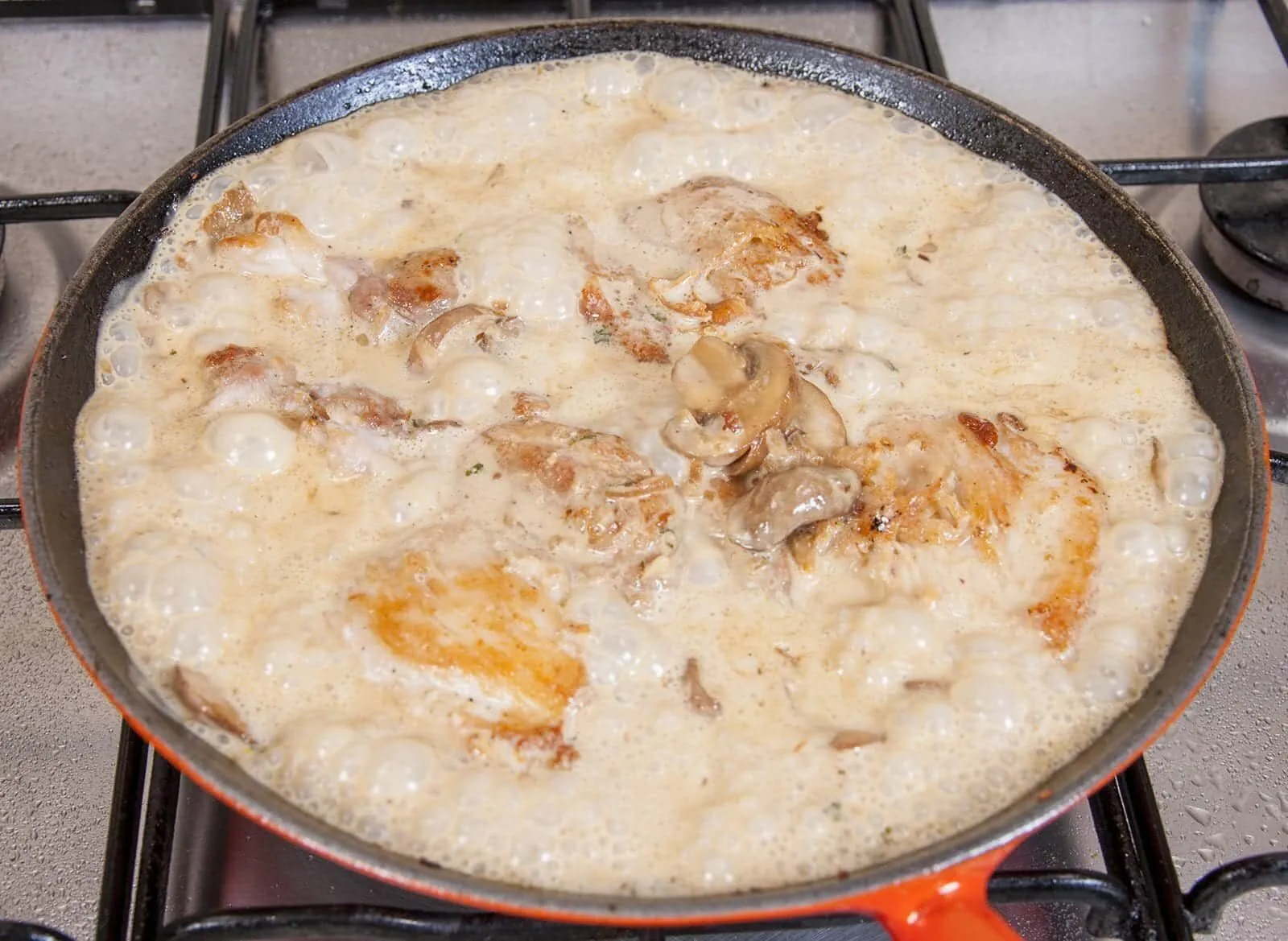 Creamy sherry and thyme chicken thighs. A wonderfully mouthwatering and delicious recipe. Add in wild mushrooms and you have one very special dish. Yum! | theyumyumclub.com