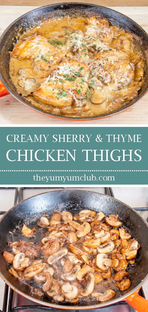 Creamy sherry and thyme chicken thighs. A wonderfully mouthwatering and delicious recipe. Add in wild mushrooms and you have one very special dish. Yum! | theyumyumclub.com