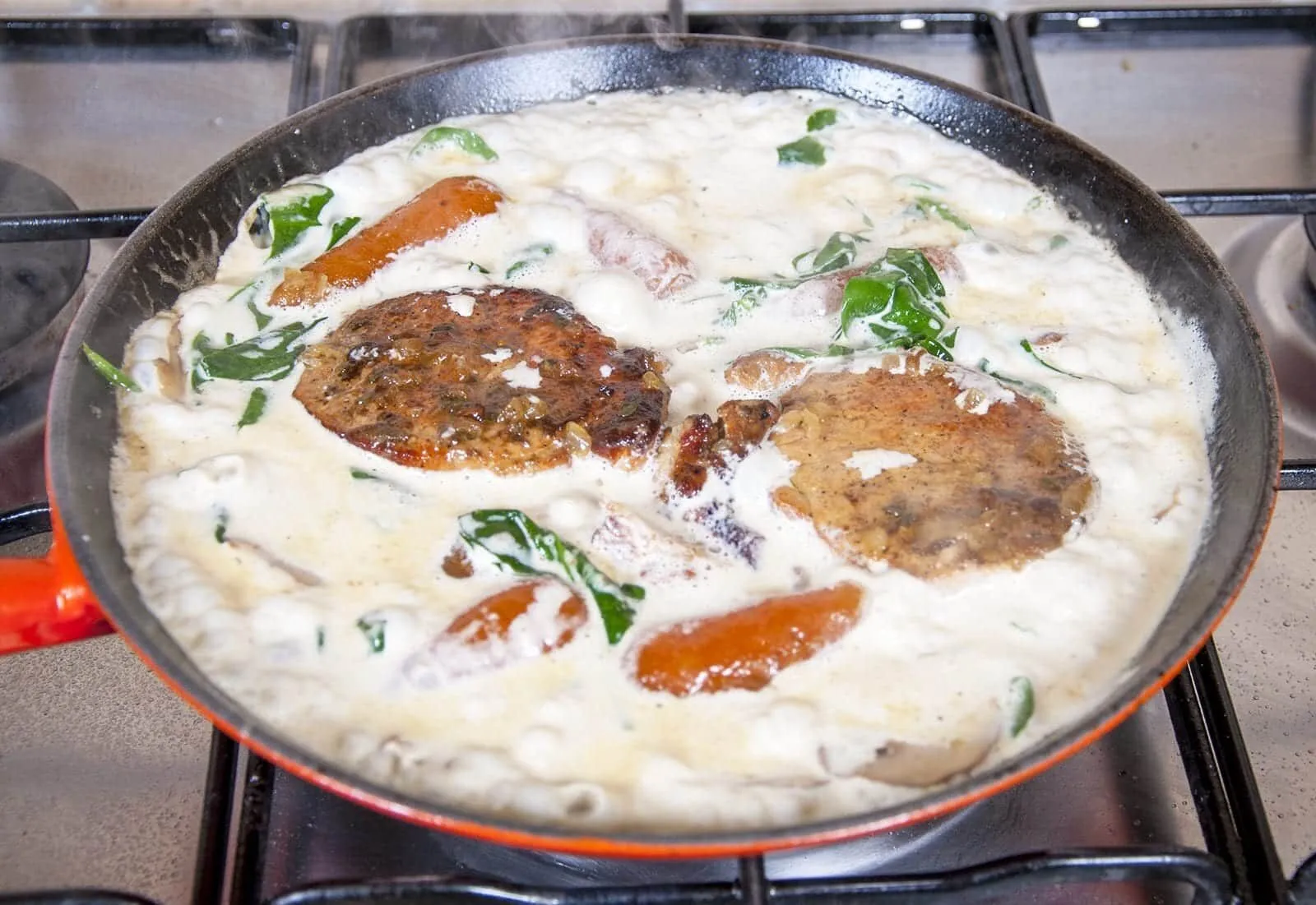 Pork loin in brandy and cream. Add the pork and carrots | https://theyumyumclub.com/2019/05/01/pork-loin-brandy-cream/
