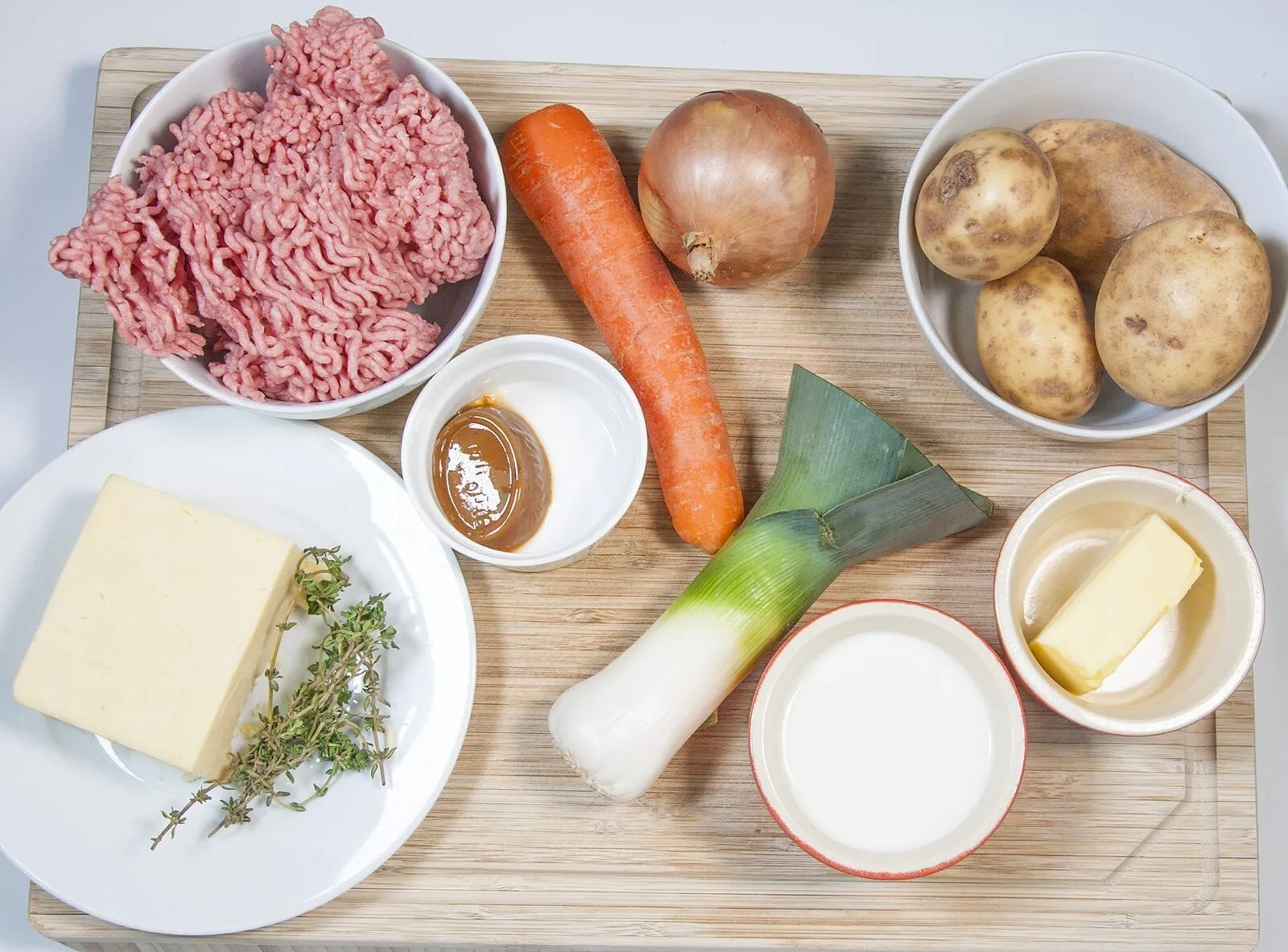 Cheddar topped shepherd's pie. Gather all of the ingredients together | https://theyumyumclub.com/2019/05/16/cheddar-topped-shepherds-pie/