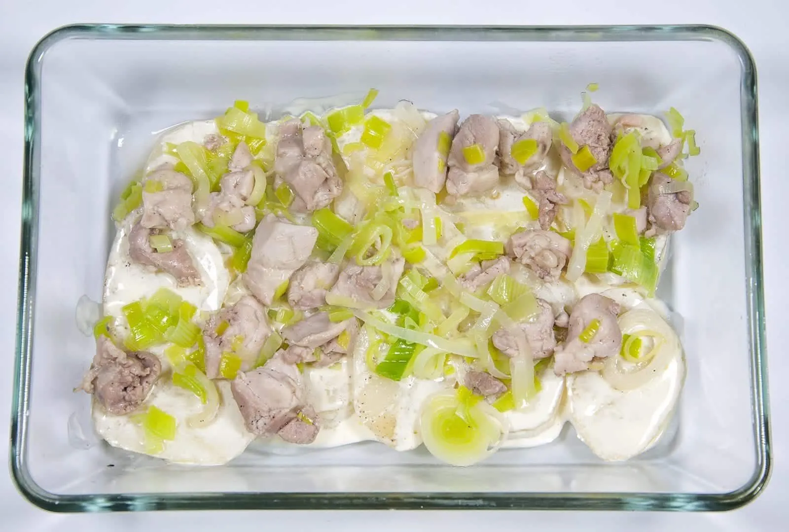 Chicken and Leek Dauphinoise. Add the chicken and leeks | https://theyumyumclub.com/2019/06/03/chicken-leek-dauphinoise/