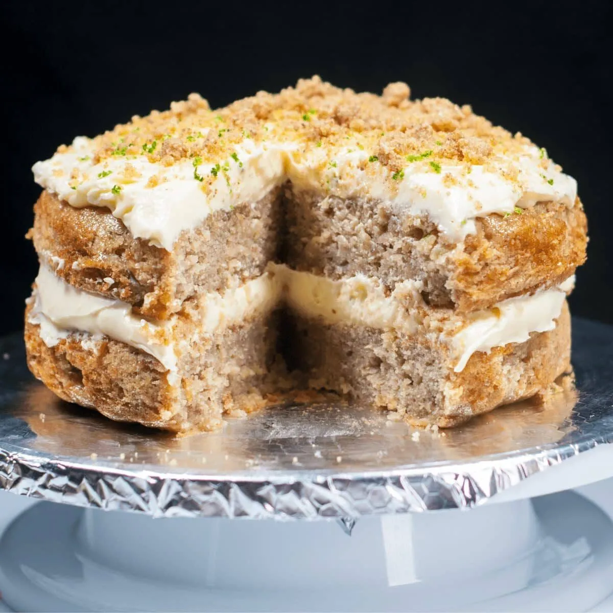 Humble Hummingbird Cake With Sweet Pecan Dust | https://theyumyumclub.com/2019/06/05/humble-hummingbird-cake-sweet-pecan-dust/
