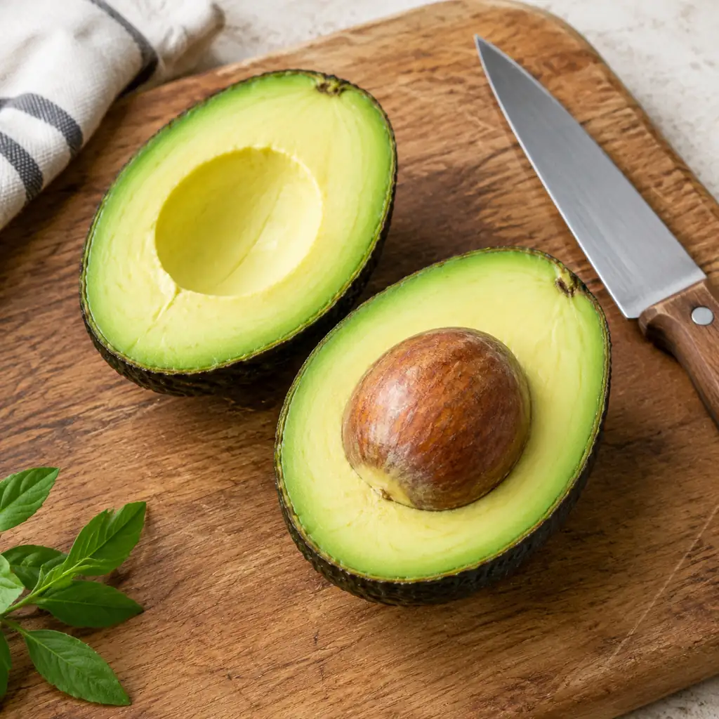 Halved avocado with creamy pale green flesh and stone