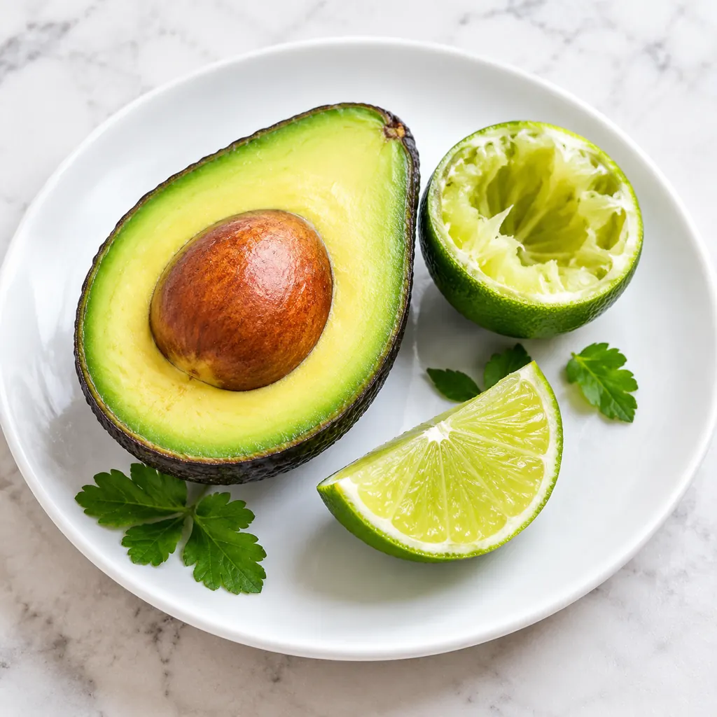 Halved avocado beside a lime wedge and squeezed lime half