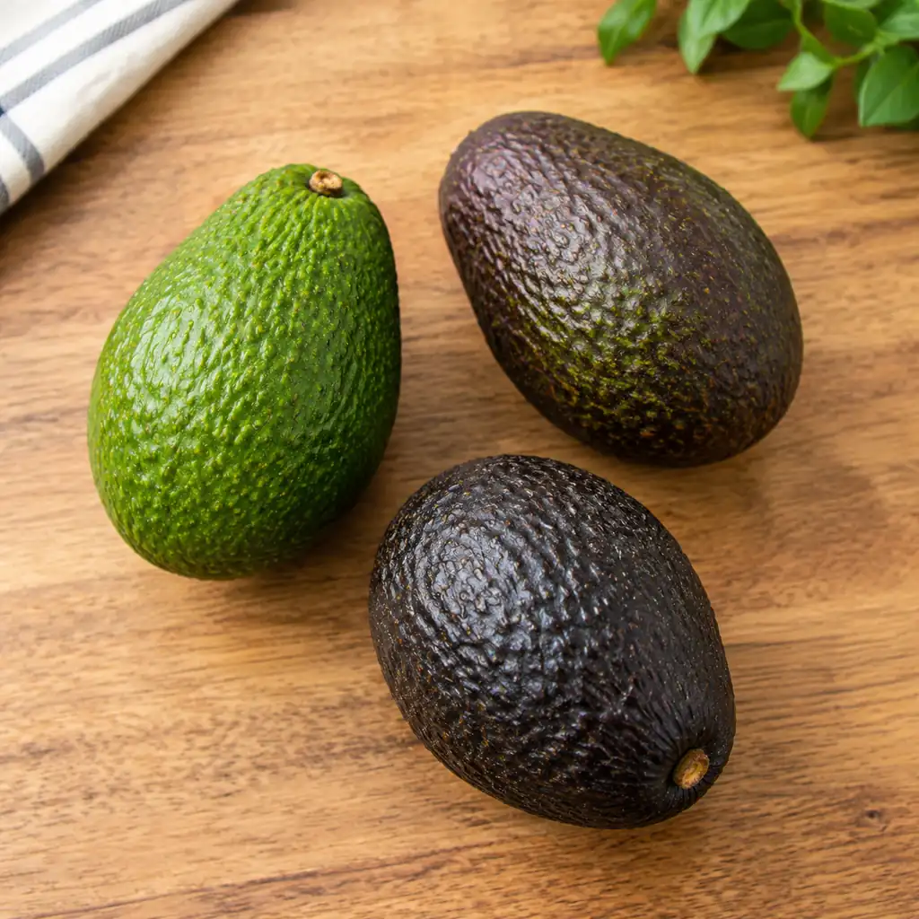 Three avocados showing firm green and dark ripe skin