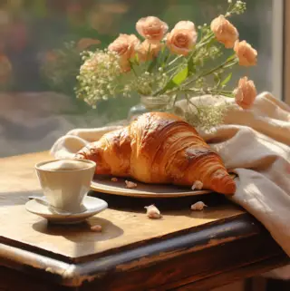 A close-up of a golden-brown croissant on a French cafe table with coffee and flowers