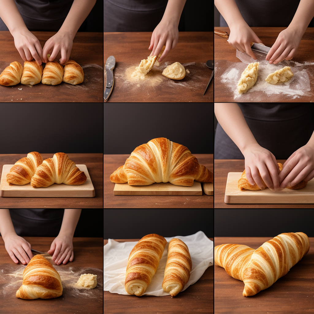 Collage of croissant preparation stages, including dough kneading and shaping