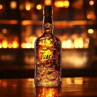Golden amber Tuaca bottle with a glowing background