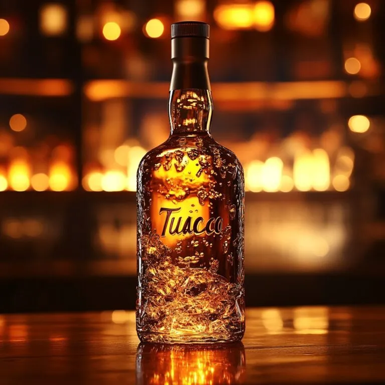 Golden amber Tuaca bottle with a glowing background