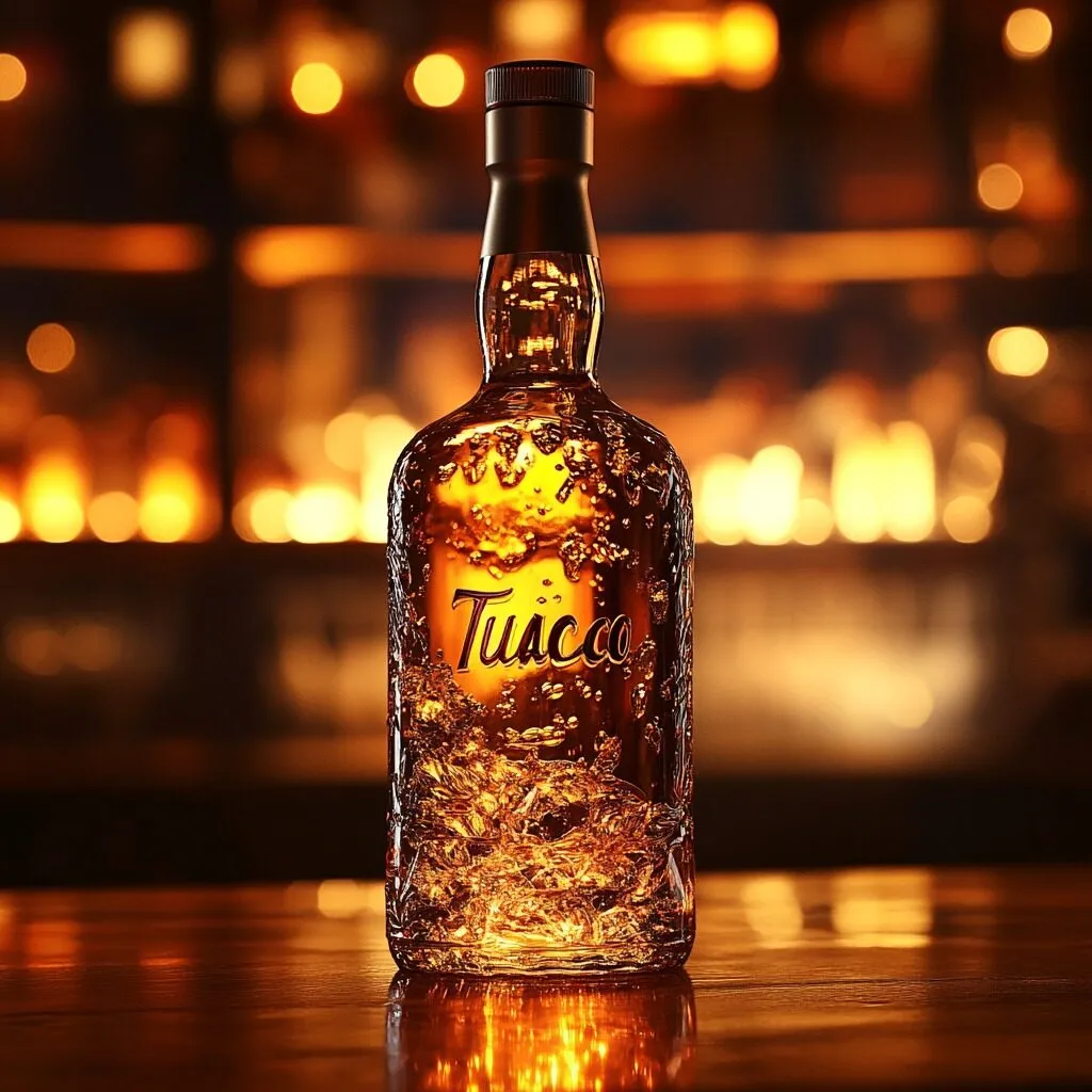 Golden amber Tuaca bottle with a glowing background