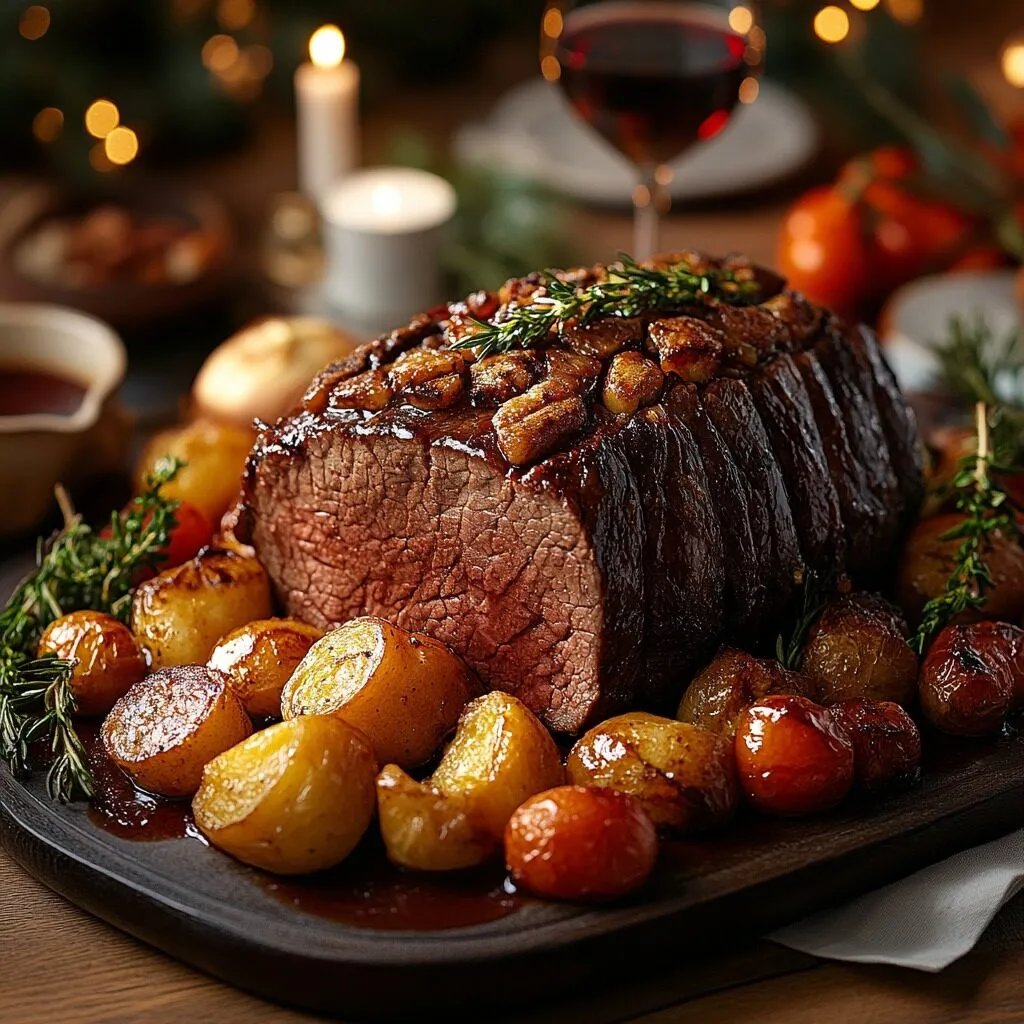 Australian beef roast on a serving platter with sides