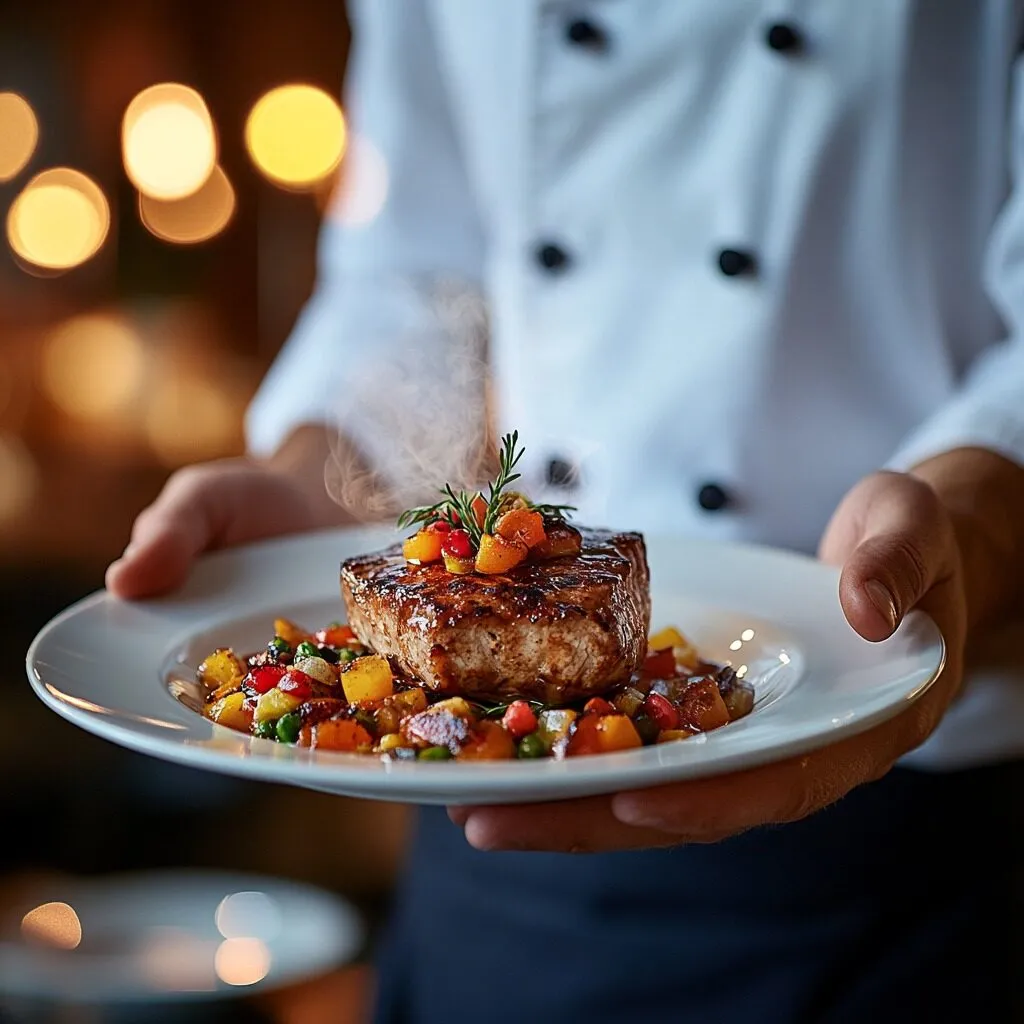 Chef presenting a finished dish proudly