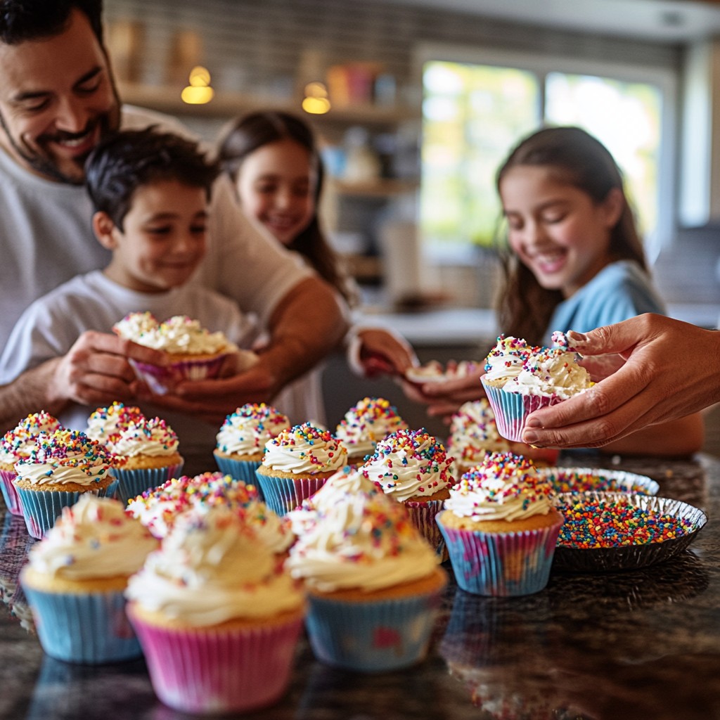 Joyful family baking and enjoying cupcakes