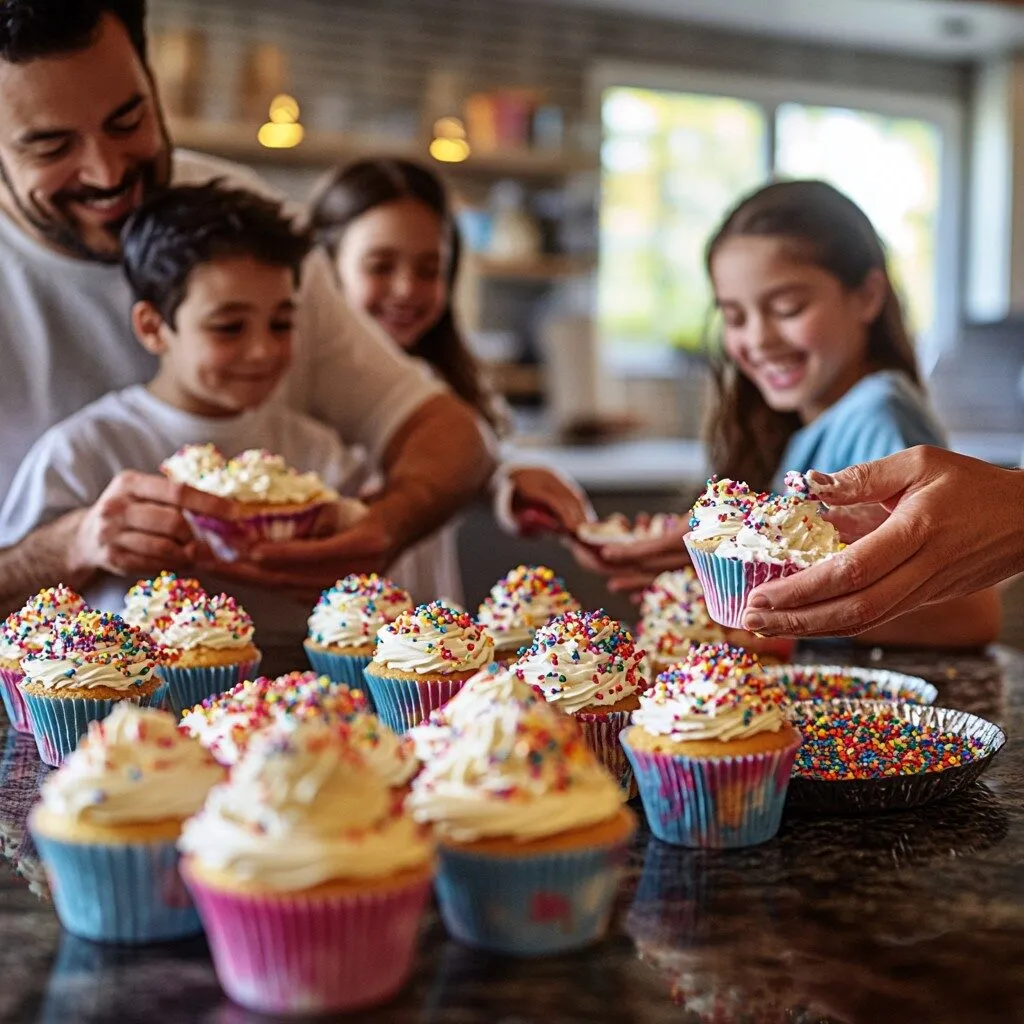 Joyful family baking and enjoying cupcakes