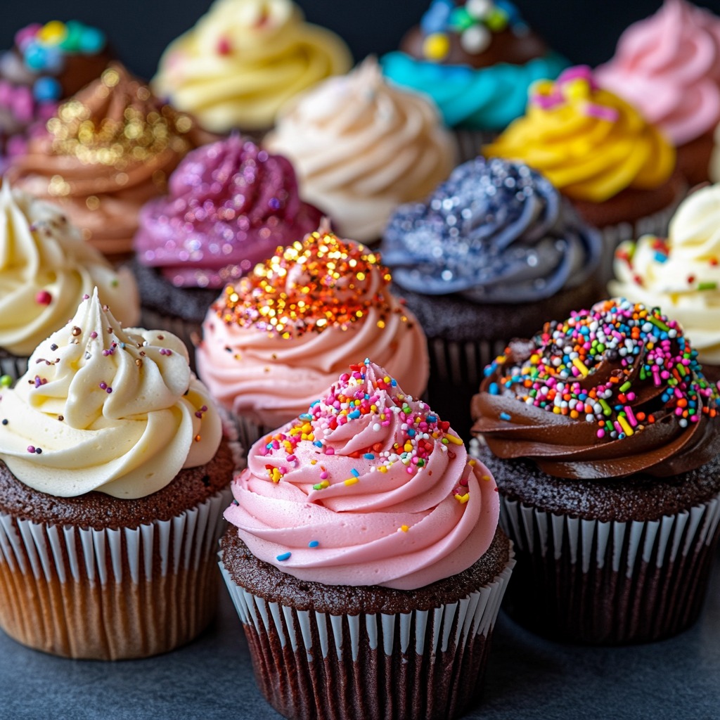 Colorful party cupcakes on a festive table