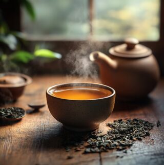 Steaming oolong tea in a rustic setting