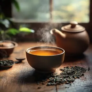 Steaming oolong tea in a rustic setting