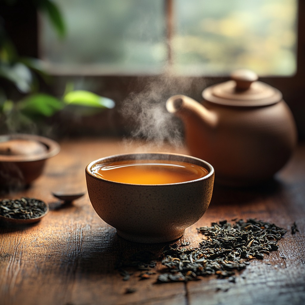 Steaming oolong tea in a rustic setting