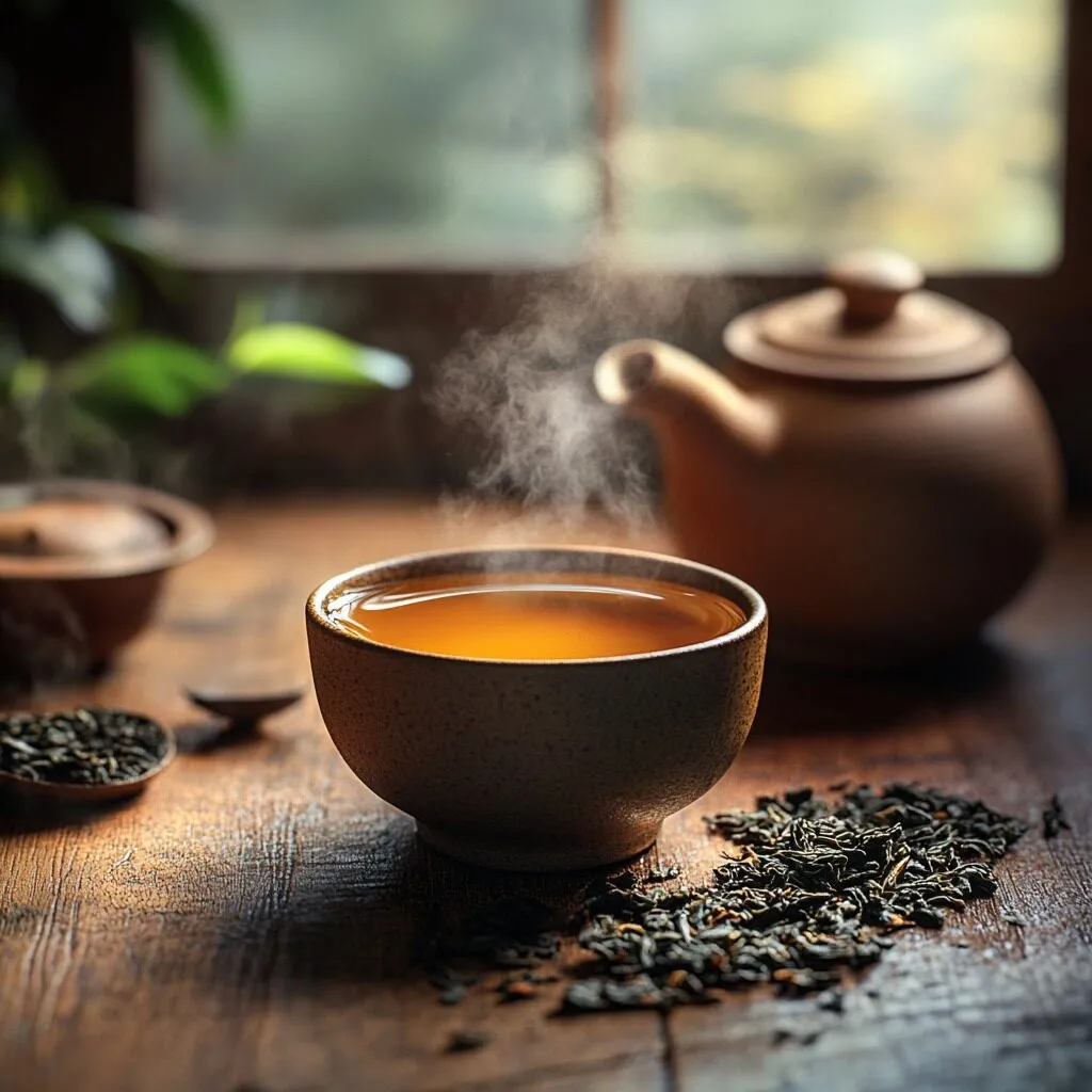 Steaming oolong tea in a rustic setting
