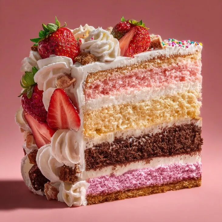Close-up of a beautifully sliced cake revealing multiple flavored layers