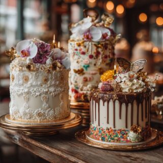 Elegant cake display with wedding, birthday, and anniversary themes