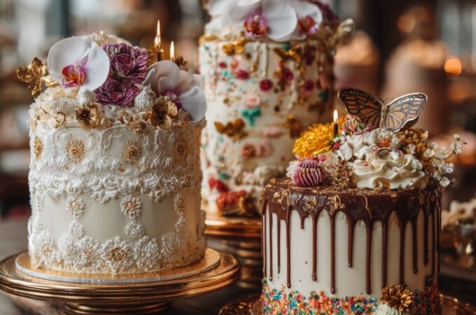 Elegant cake display with wedding, birthday, and anniversary themes