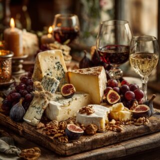 Elegant Italian cheese platter with wine glasses on a wooden table in Singapore