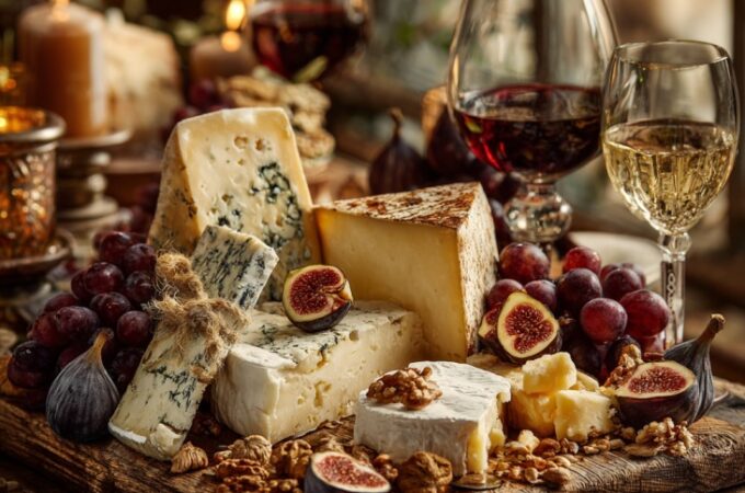 Elegant Italian cheese platter with wine glasses on a wooden table in Singapore