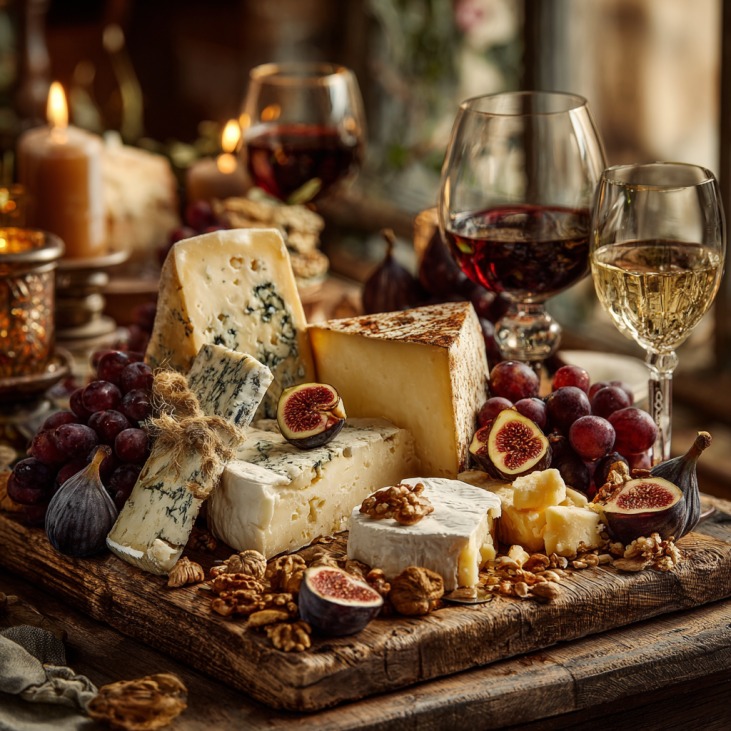 Elegant Italian cheese platter with wine glasses on a wooden table in Singapore